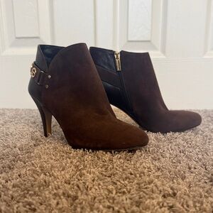 Vince Camuto Dark Brown Suede Ankle Booties with Gold Accent